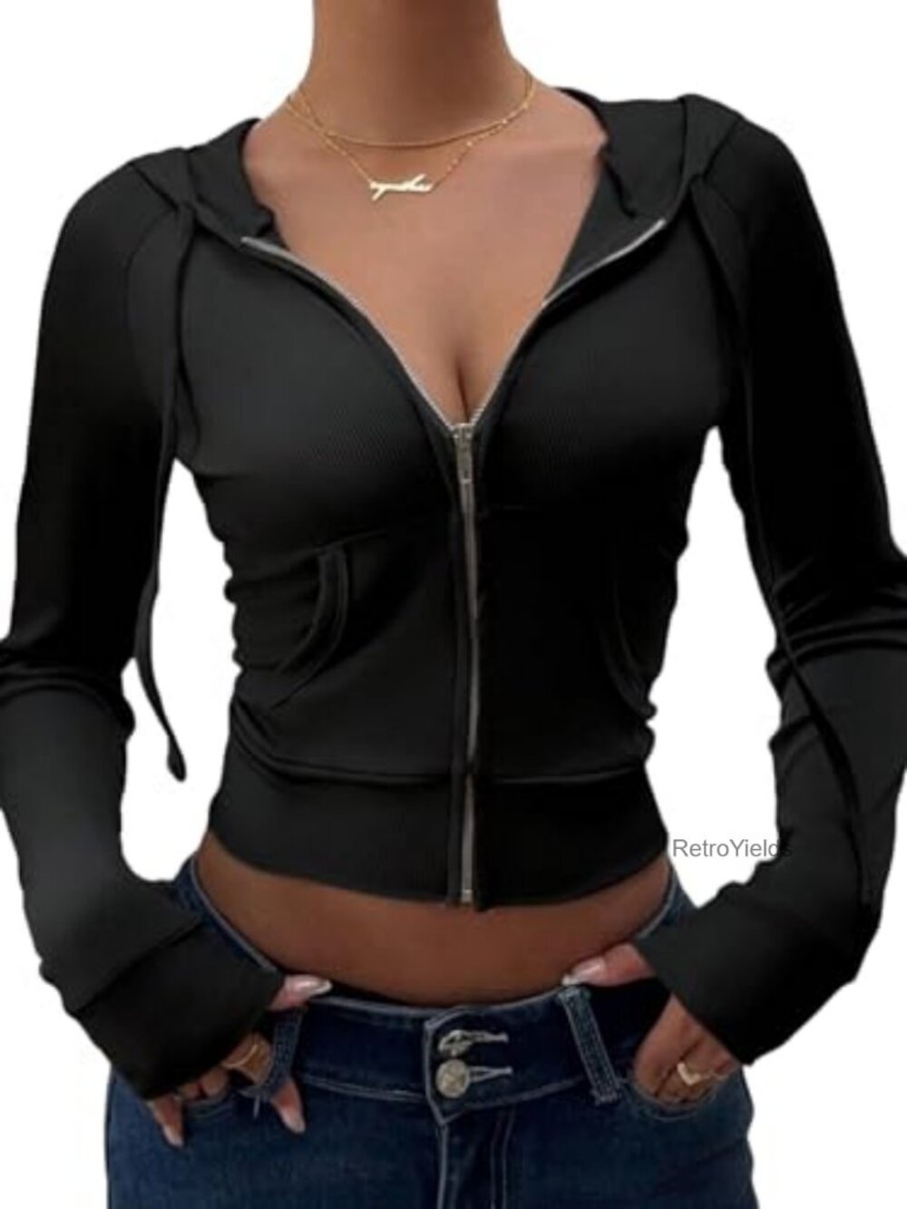 Y2K Cropped Zip Up Hoodie Jacket Slim Fit Long Sleeve with Pockets